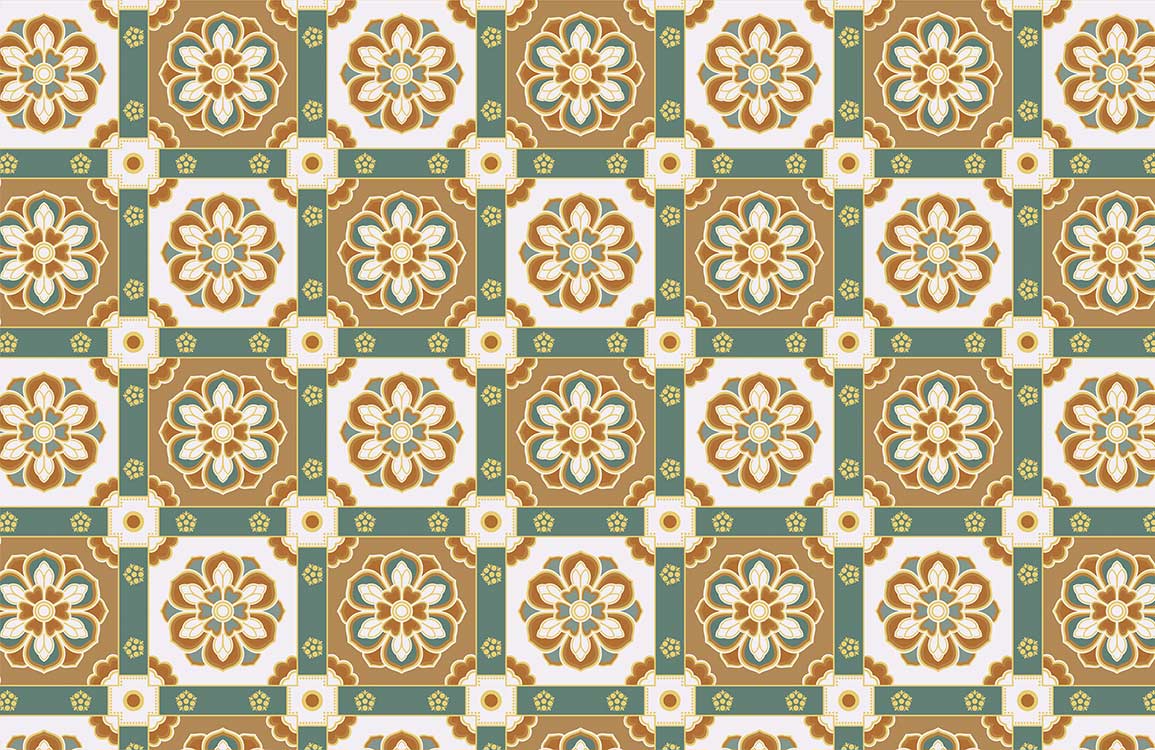 Vintage Floral Tile Pattern Wallpaper in Earthy Green and Brown Tones