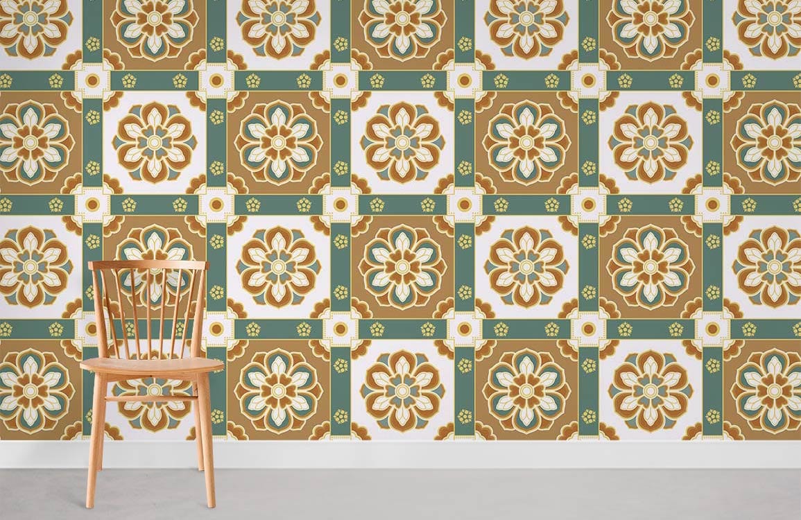 Vintage floral tile pattern wallpaper, earthy tones, wooden chair on white wall, minimalist room Décor.