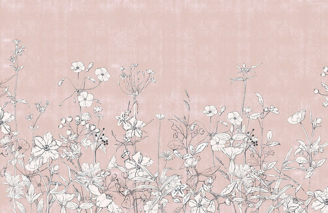 Blush Pink Floral Mural Wallpaper with Delicate Botanical Sketch Design