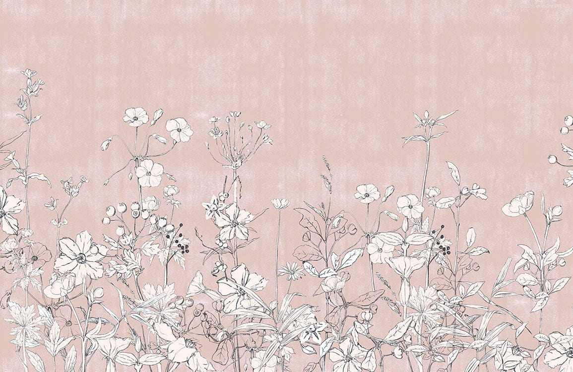 Blush Pink Floral Mural Wallpaper with Delicate Botanical Sketch Design
