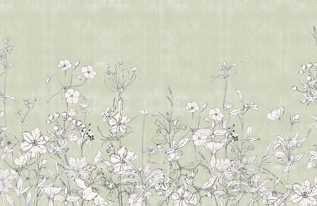 Elegant Sage Green Floral Mural Wallpaper with Delicate Wildflower Design