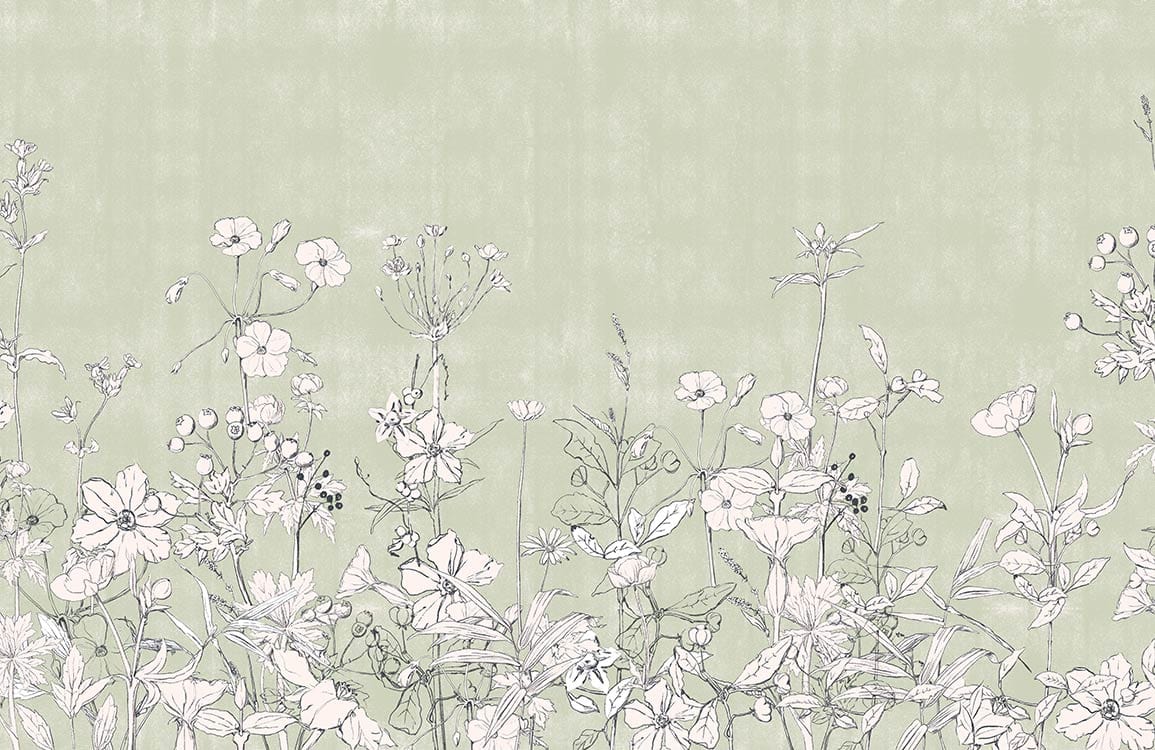 Elegant Sage Green Floral Mural Wallpaper with Delicate Wildflower Design