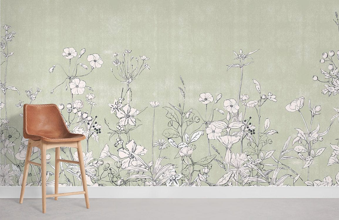 Elegant sage green floral mural wallpaper in room with leather stool and light flooring.