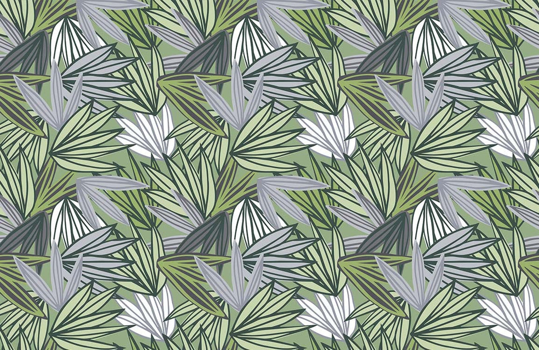 Tropical Leaf Pattern Green and Grey Geometric Botanical Wallpaper Mural