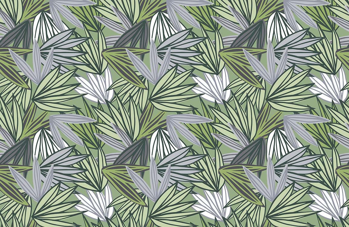 Tropical Leaf Pattern Green and Grey Geometric Botanical Wallpaper Mural