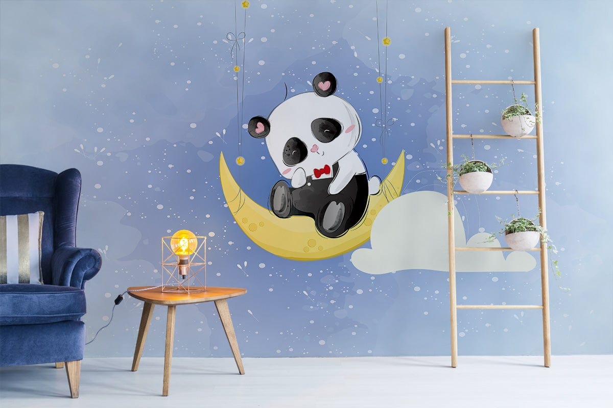 Charming Panda Moonlit Dreams mural wallpaper, pastel blue sky, cosy living room, blue armchair, hardwood flooring.