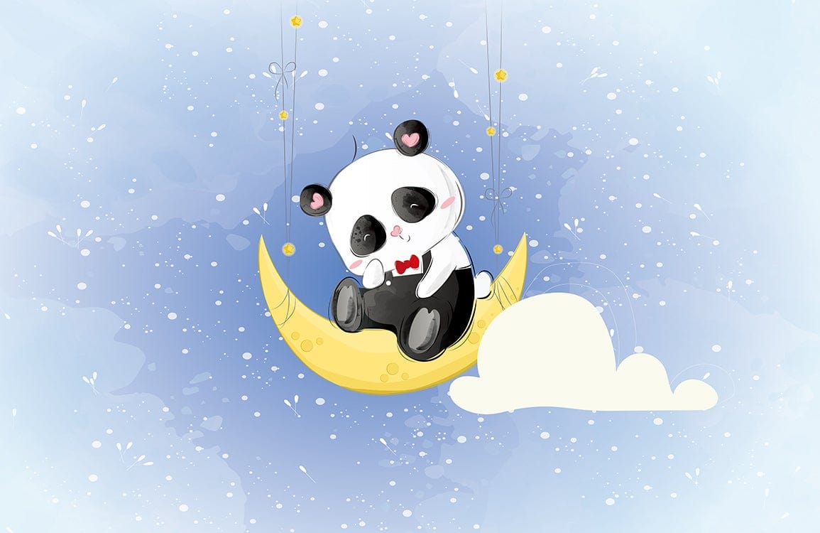 Charming Panda Moonlit Dreams Mural Wallpaper in Pastel Blue Sky