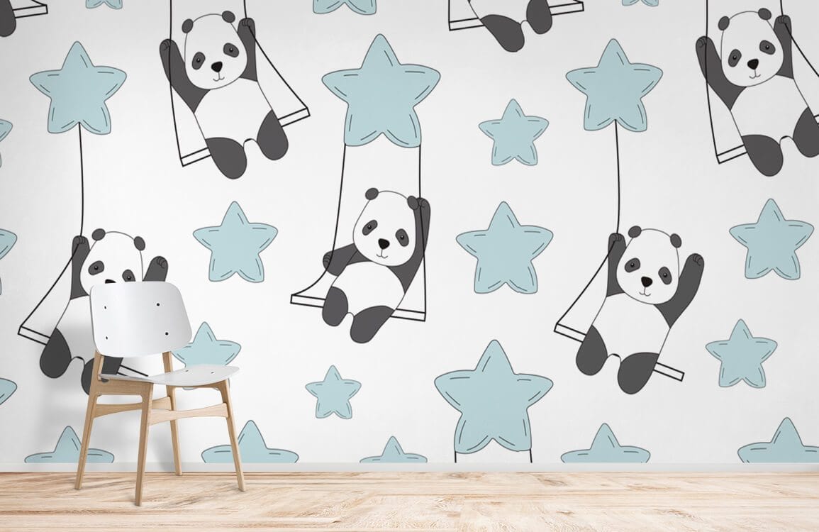 Panda Swing and Stars Pastel Nursery Wallpaper with chair; whimsical design, light wood flooring.
