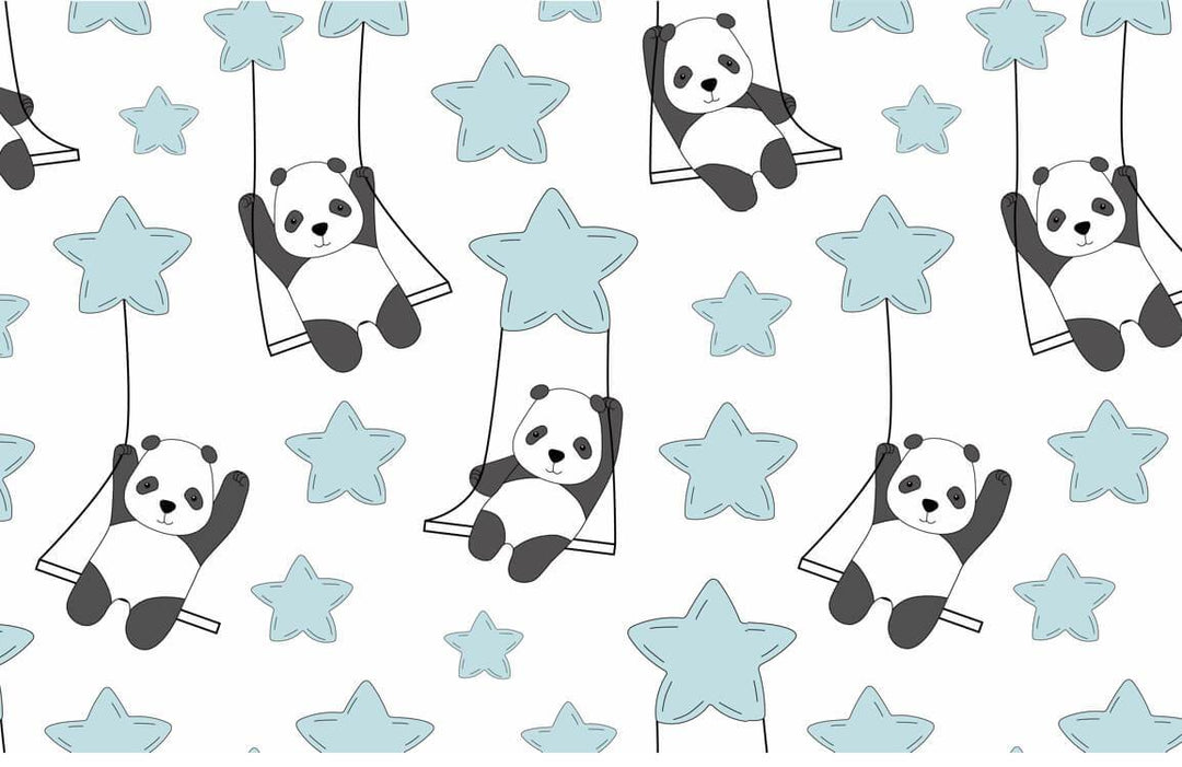Panda Swing and Stars Pastel Nursery Wallpaper - Whimsical Design Pattern.