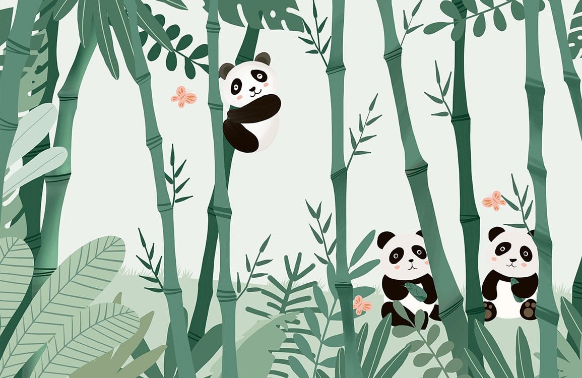 Playful Panda Bamboo Jungle Mural Wallpaper in Green and Black Tones