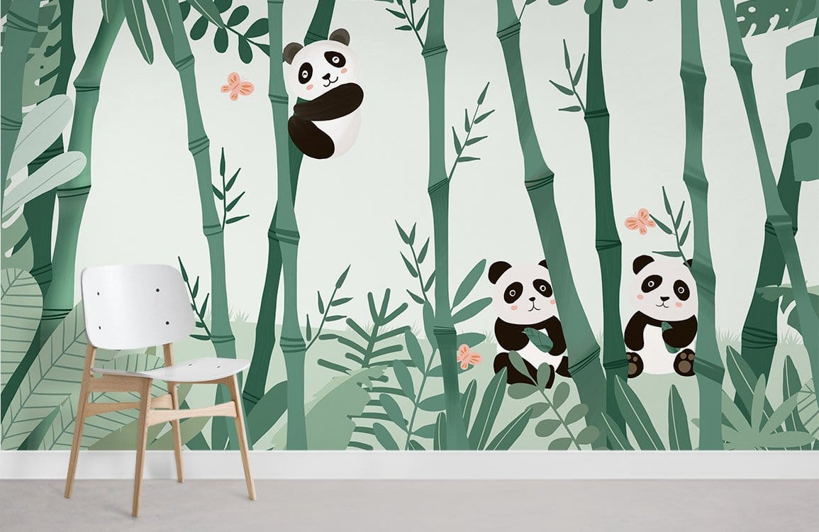Playful Panda Bamboo Jungle mural wallpaper, green tones, minimalistic chair, designed for children's rooms.