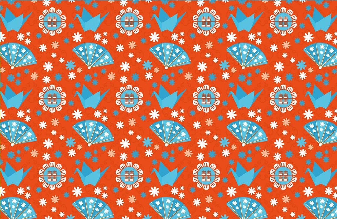 Vintage Japanese Floral Fan Pattern Wallpaper in Orange and Blue Tones
