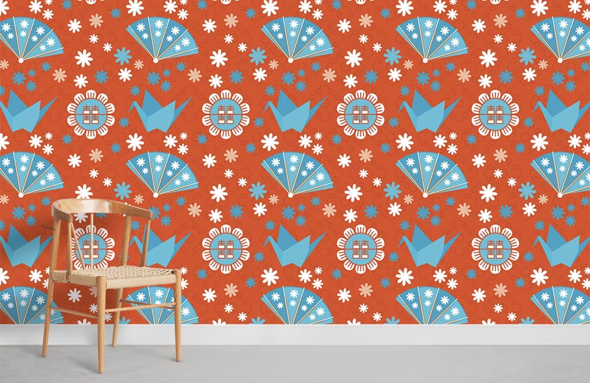 Vintage Japanese floral fan wallpaper in orange and blue, wooden chair, grey flooring, lively decor.