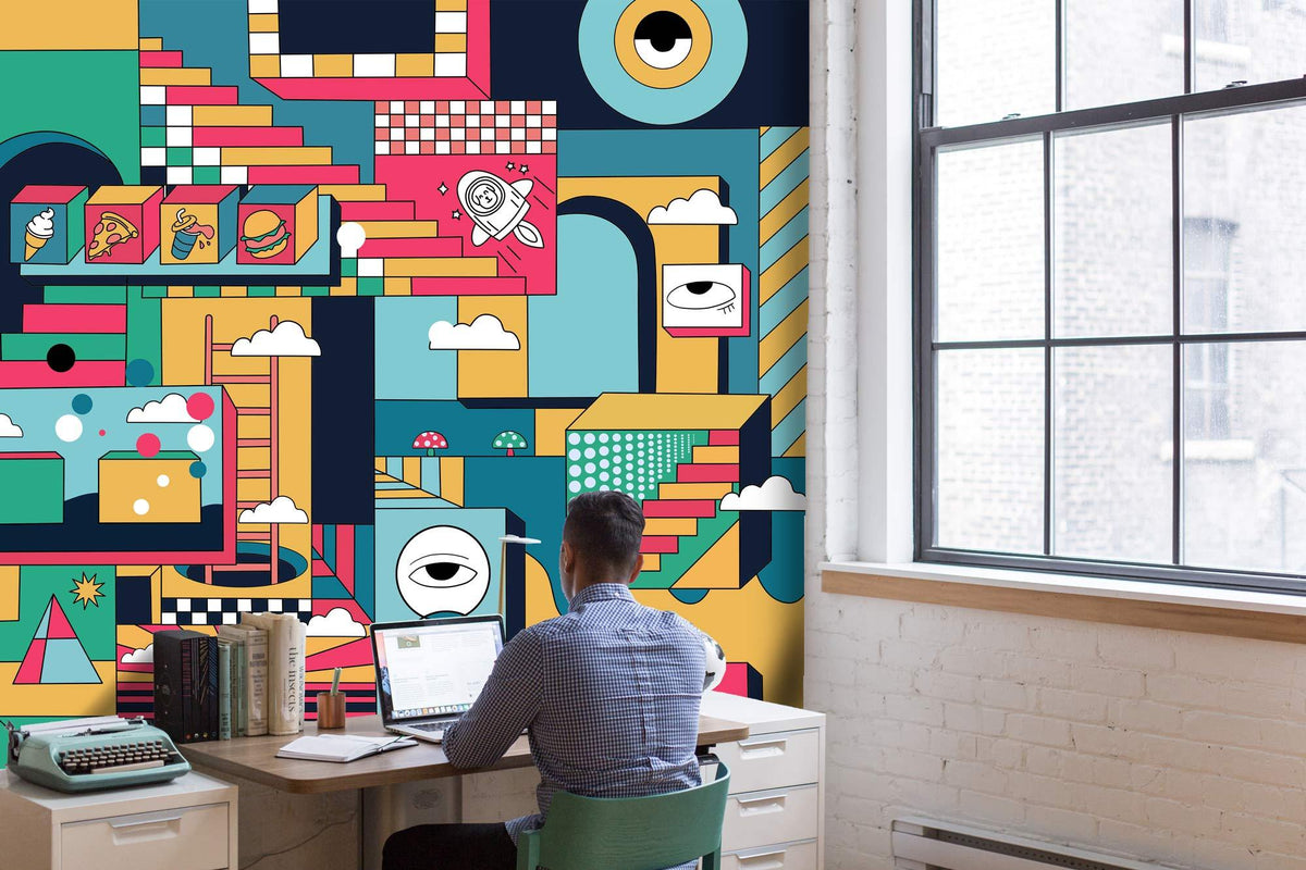 Retro Geometric Abstract Wallpaper in colourful modern office with white brick walls and large window.