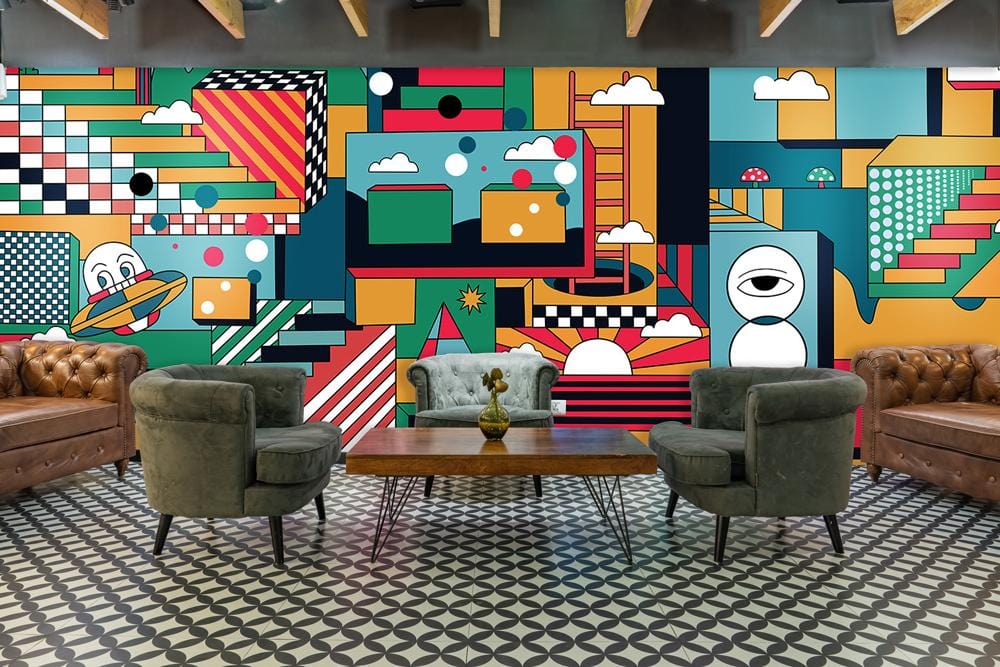 Retro Geometric Abstract Wallpaper in modern lounge with vintage sofas, wooden beams, patterned floor tiles.