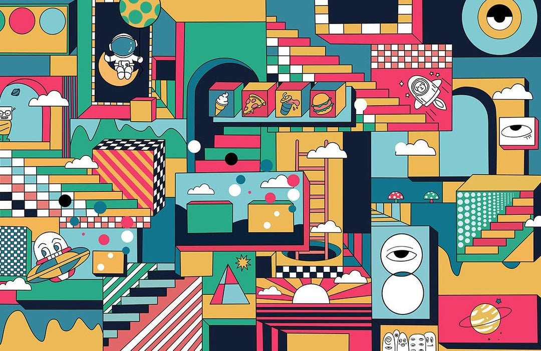 Retro Geometric Abstract Wallpaper: Bold Multicolour Graphic Art for Modern Interiors