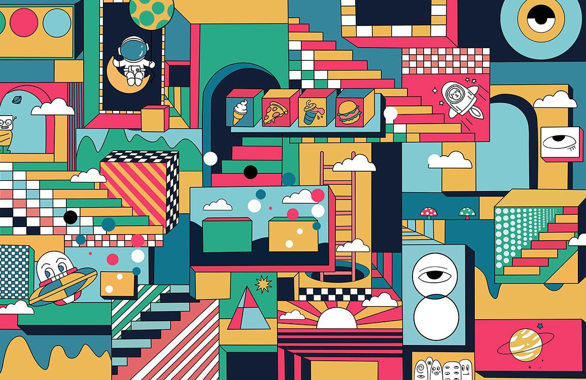 Retro Geometric Abstract Wallpaper: Bold Multicolour Graphic Art for Modern Interiors