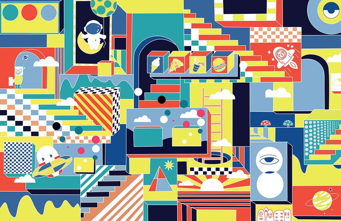 Retro Futuristic Geometric Multicolour Space Adventure Mural Wallpaper for Playrooms
