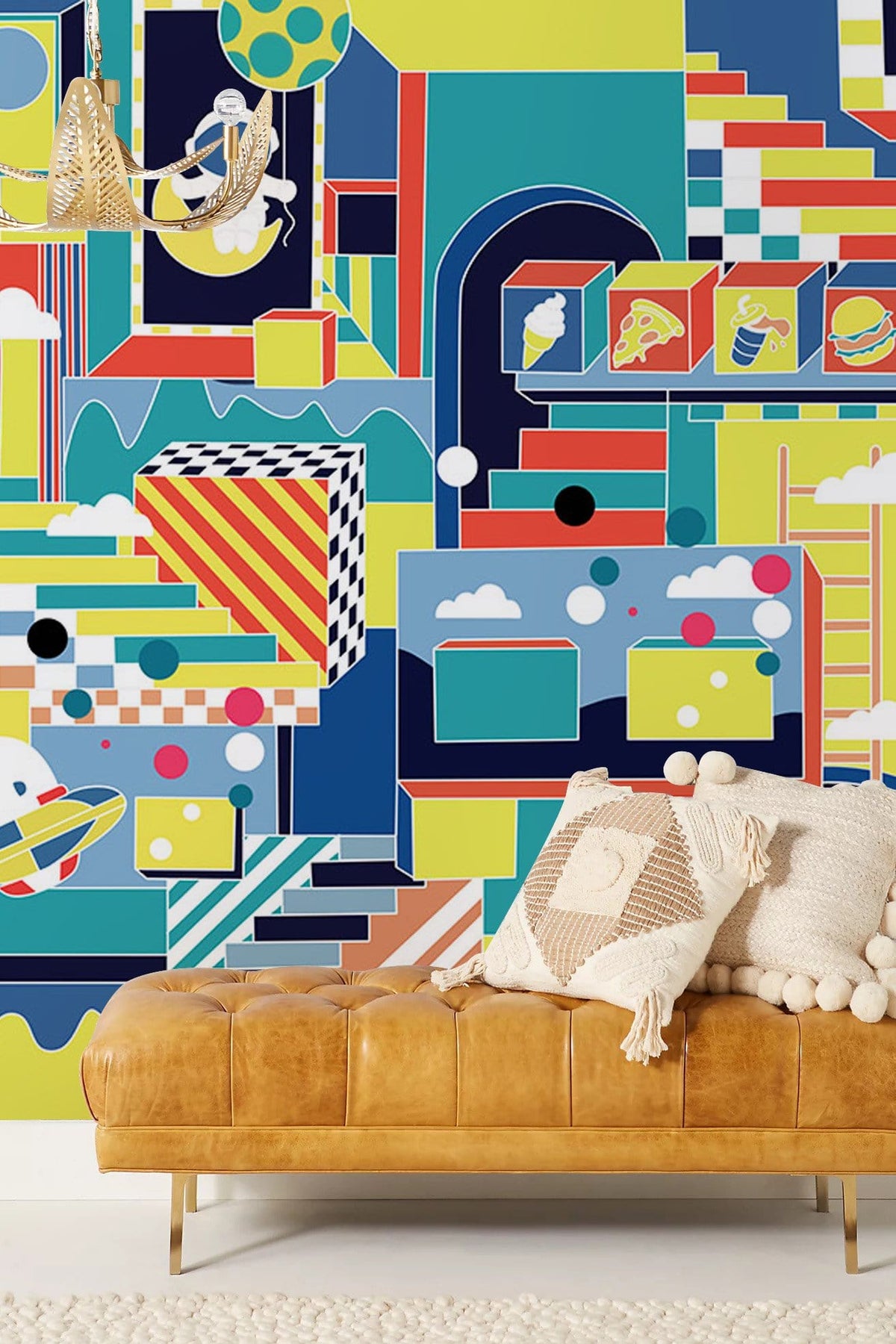 Retro futuristic geometric mural wallpaper, playroom, with brown leather sofa, neutral cushion decor.