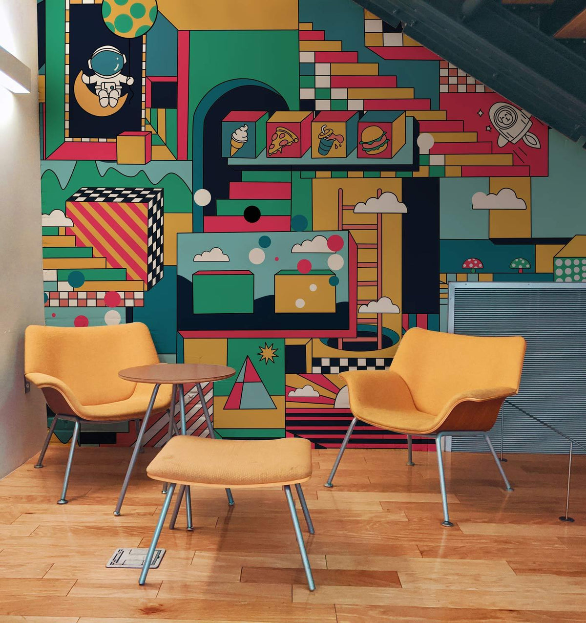 Retro Geometric Abstract Wallpaper with vibrant design, yellow chairs, wooden flooring, modern lounge setting.