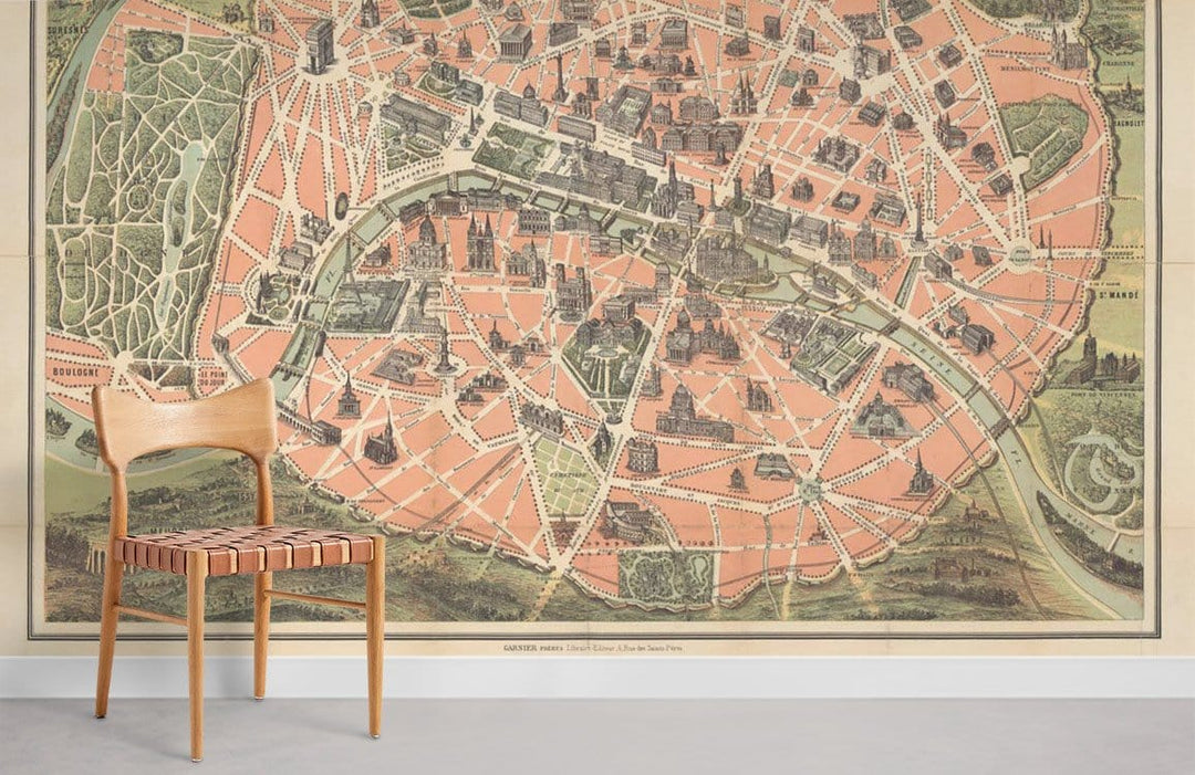 Vintage Paris map mural wallpaper with wood chair, in a grey-floored room, antique decor style.