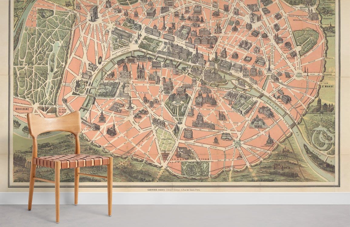 Vintage Paris map mural wallpaper with wood chair, in a grey-floored room, antique decor style.