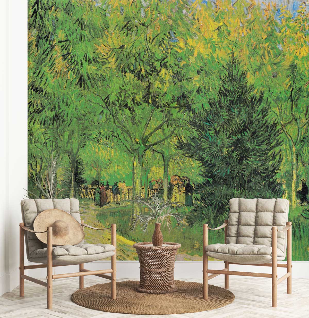 Vincent Van Gogh mural wallpaper, wooden chairs, neutral tones, round woven coffee table, white chevron flooring.