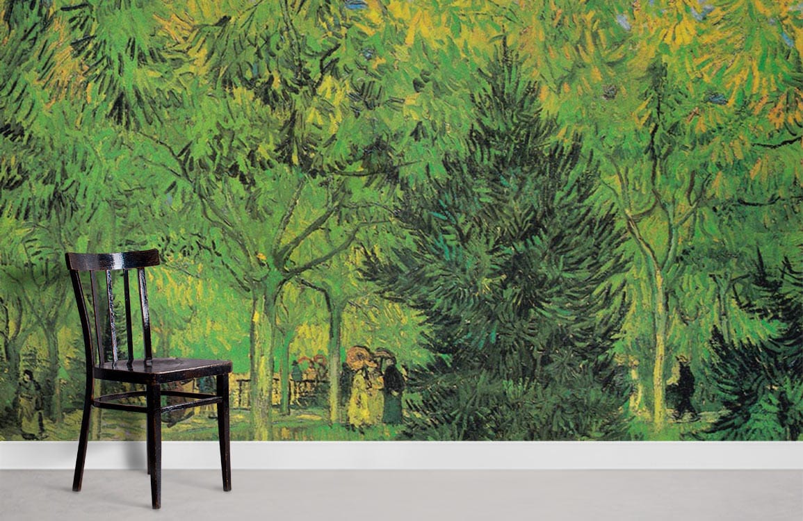 Vincent Van Gogh Green Park mural wallpaper in room with black chair, light grey flooring, artistic decor.