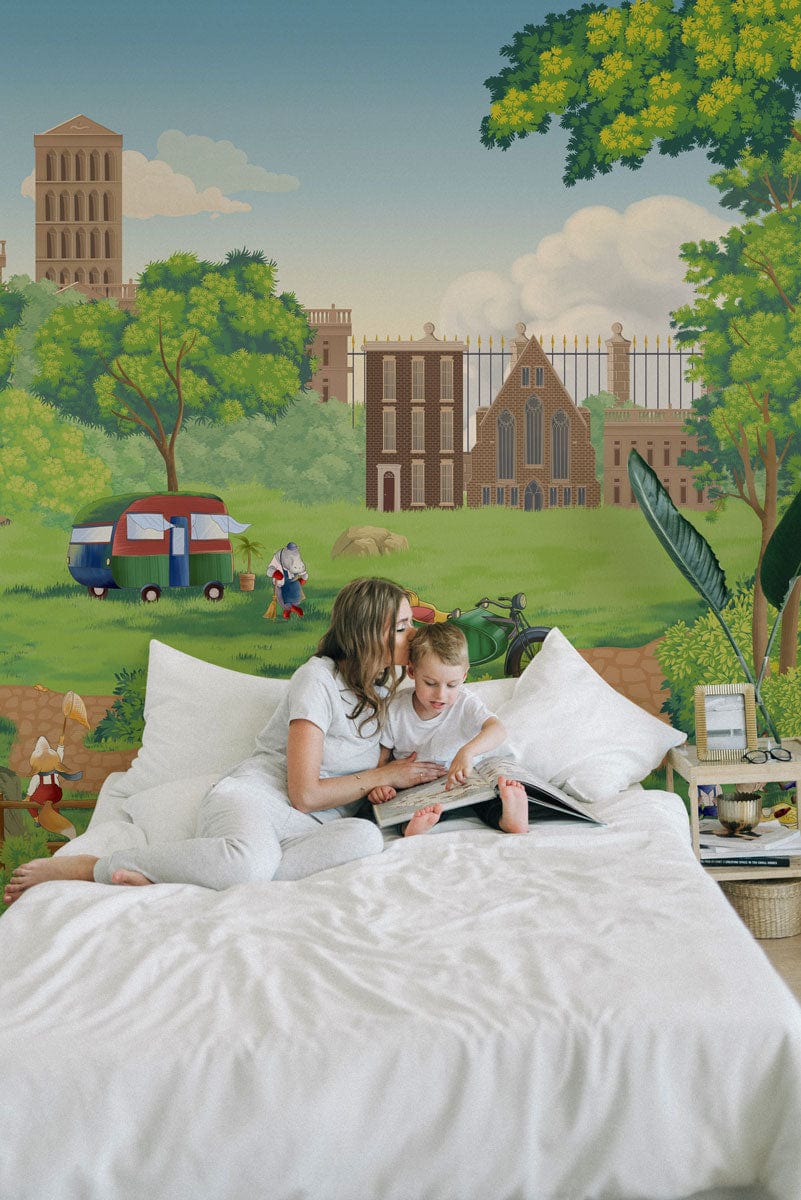 Vintage Countryside Picnic Wallpaper Mural with green scenery, bedroom setting, white bed linens.