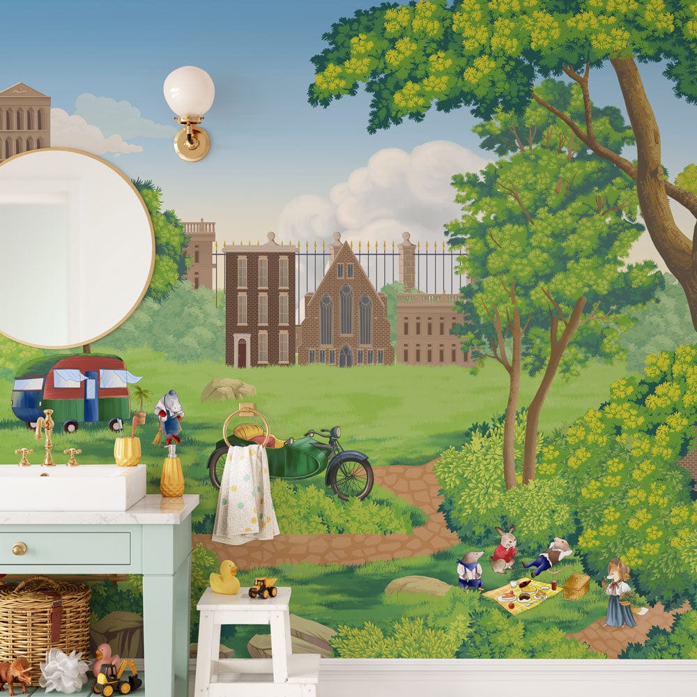 Vintage Countryside Picnic Wallpaper Mural with mirror, wooden dresser, vibrant green scenery, playful figures.