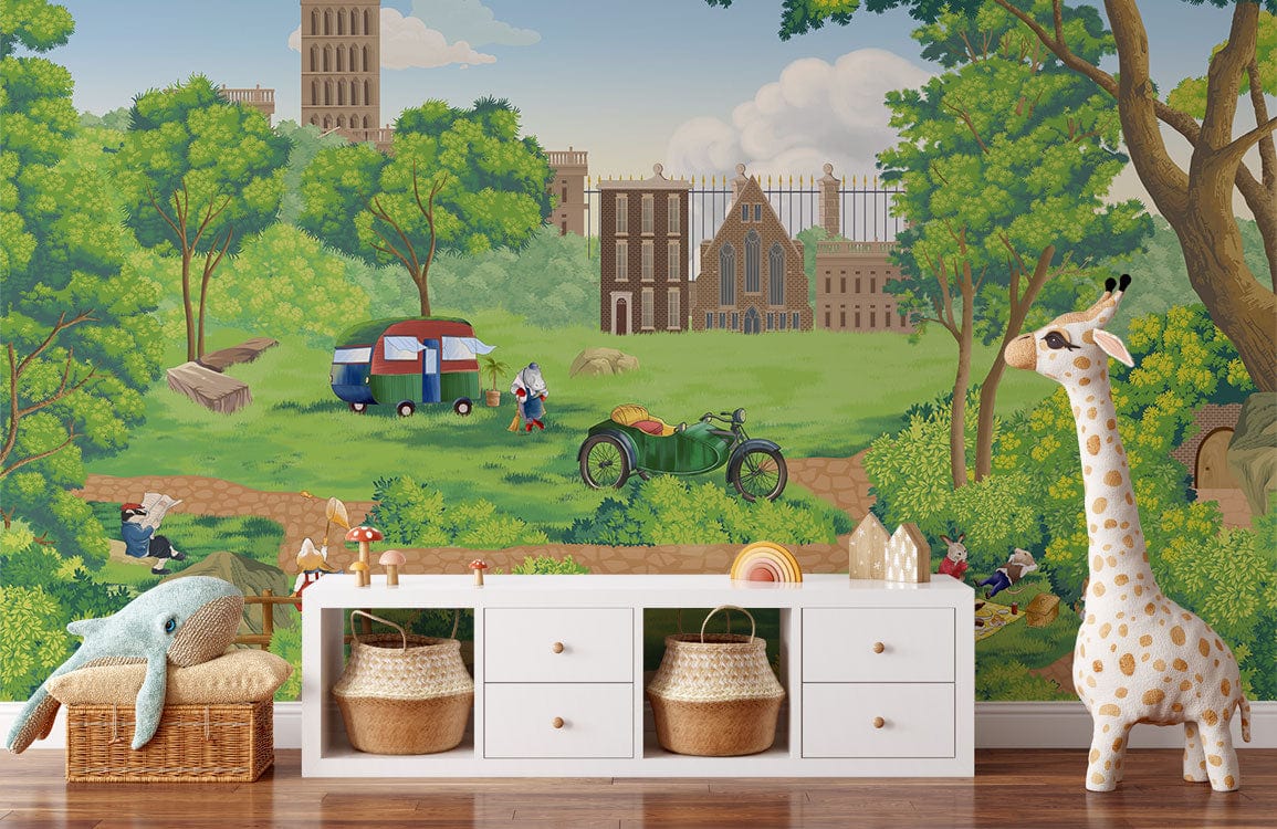 Vintage countryside wallpaper mural, lush green trees, children's room, white storage unit, wooden flooring.