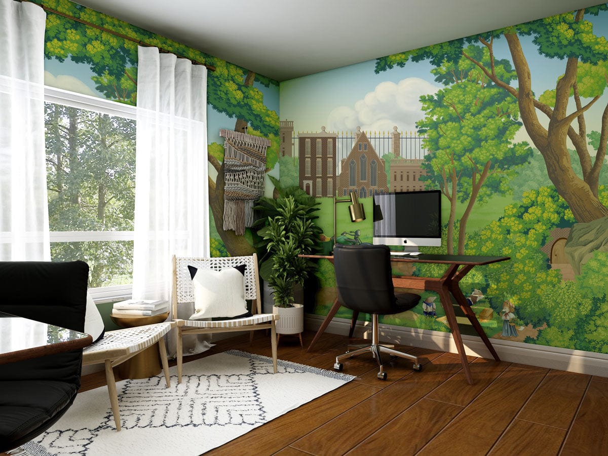 Vintage Countryside Wallpaper Mural with trees in office, wooden flooring, modern desk, and chairs.