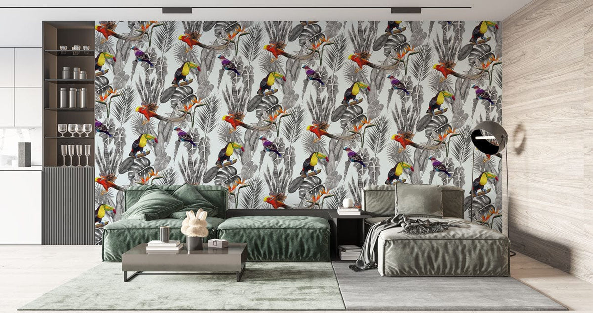 Tropical Paradise Jungle Birds wildlife mural wallpaper, grey sofa, modern living room, soft green rug.