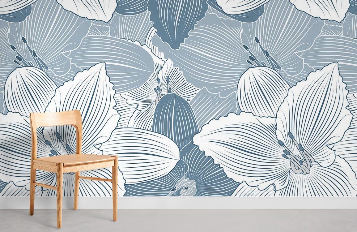 Vintage Blue Floral Elegance Wallpaper with botanical design, wooden chair, grey flooring, stylish room decor.
