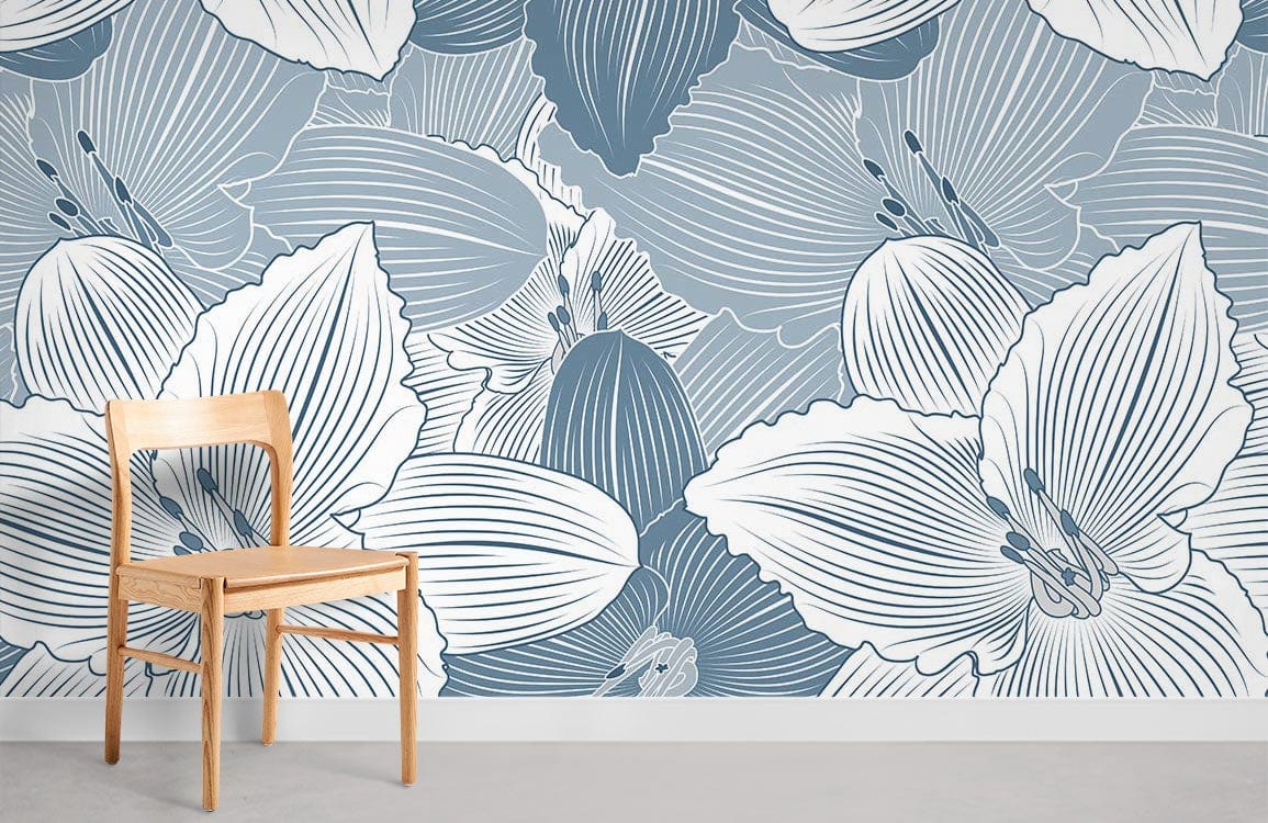 Blue Lily Flower Mural Wallpaper