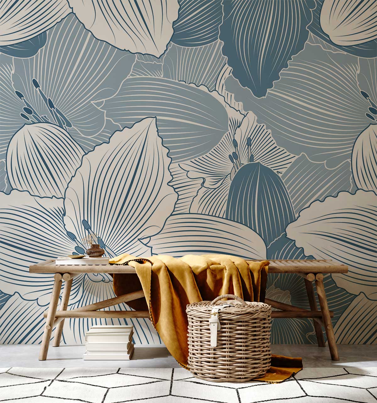 Vintage blue floral wallpaper in living room with wooden bench, geometric rug, and woven basket.