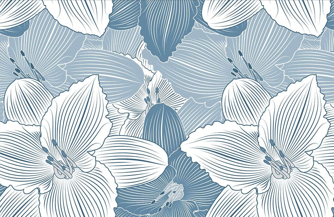 Vintage Blue Floral Elegance Wallpaper - Delicate Line Art Botanical Design