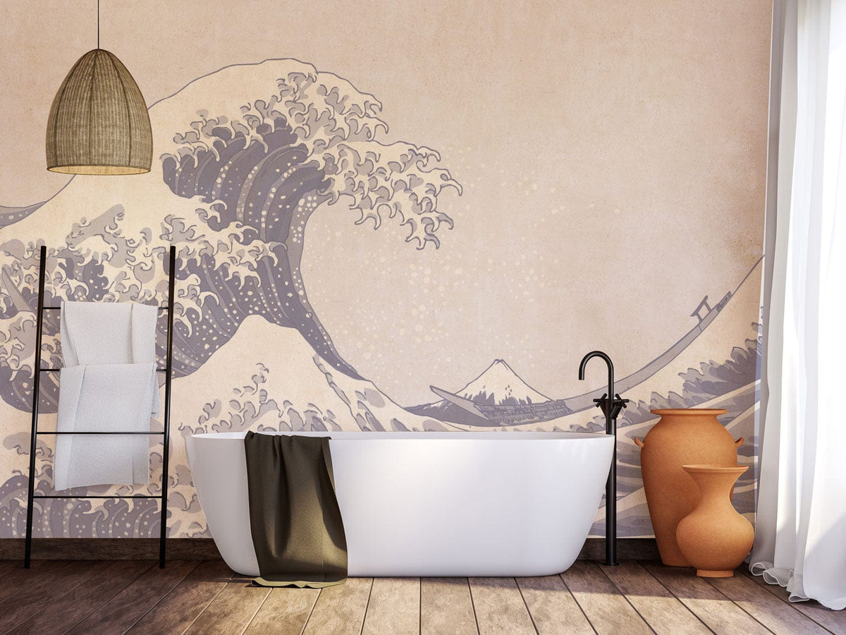 Elegant Japanese wave mural wallpaper in bathroom with freestanding tub, wood flooring, and modern decor.