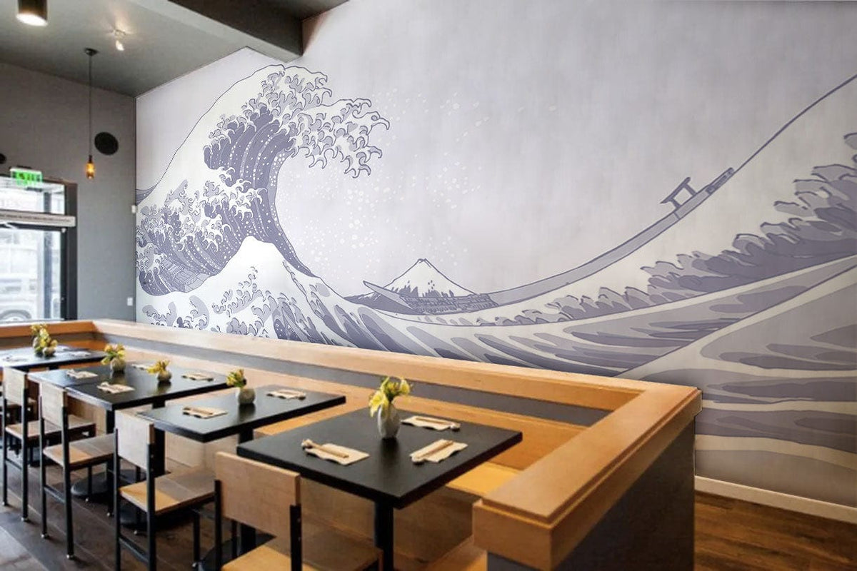 Elegant Indigo Great Wave Mural Wallpaper in modern dining area with wooden furniture and laminated flooring.