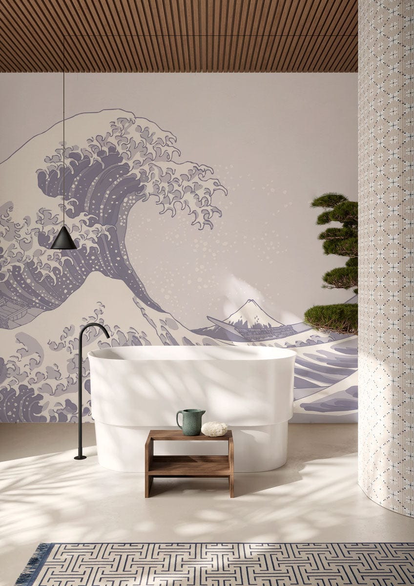 Elegant Indigo Great Wave Mural in minimalist bathroom with white bathtub, wood ceiling, and modern lamp.