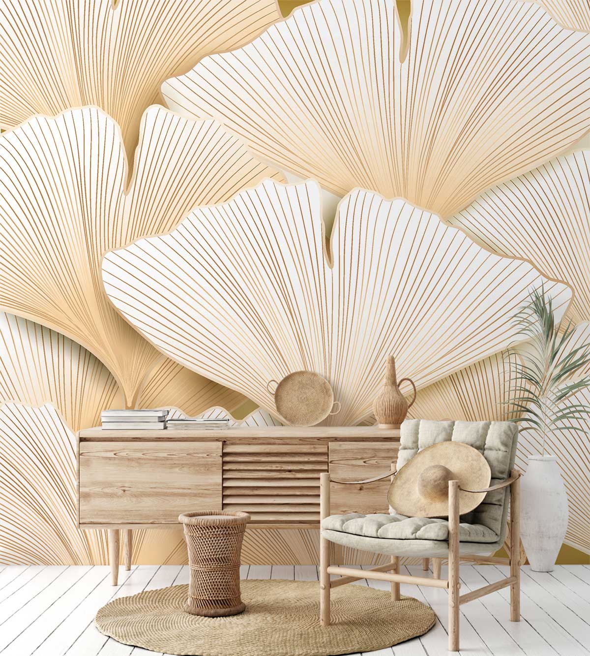 Cream Botanical Ginkgo Leaf Wallpaper with wooden sideboard, rattan chair, and light wood flooring in living room.