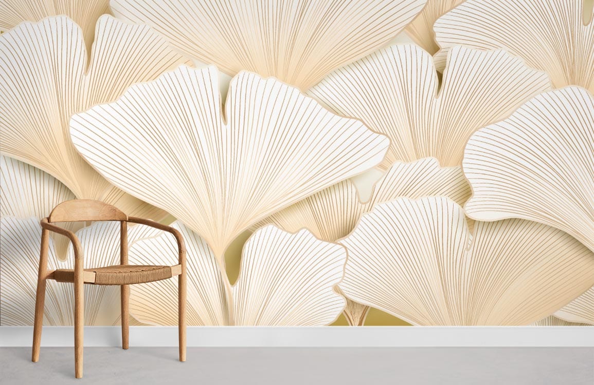 Cream Botanical Ginkgo Leaf Wallpaper with wooden chair, grey flooring in a modern interior setting.