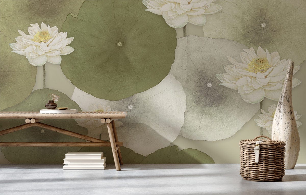 Serene White Lotus Mural Wallpaper, tranquil space, rustic bench, basket decor, neutral flooring.