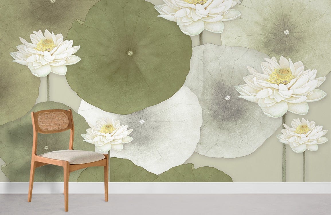 Serene White Lotus and Green Leaf Mural Wallpaper, wooden chair, neutral wall, minimalist design.