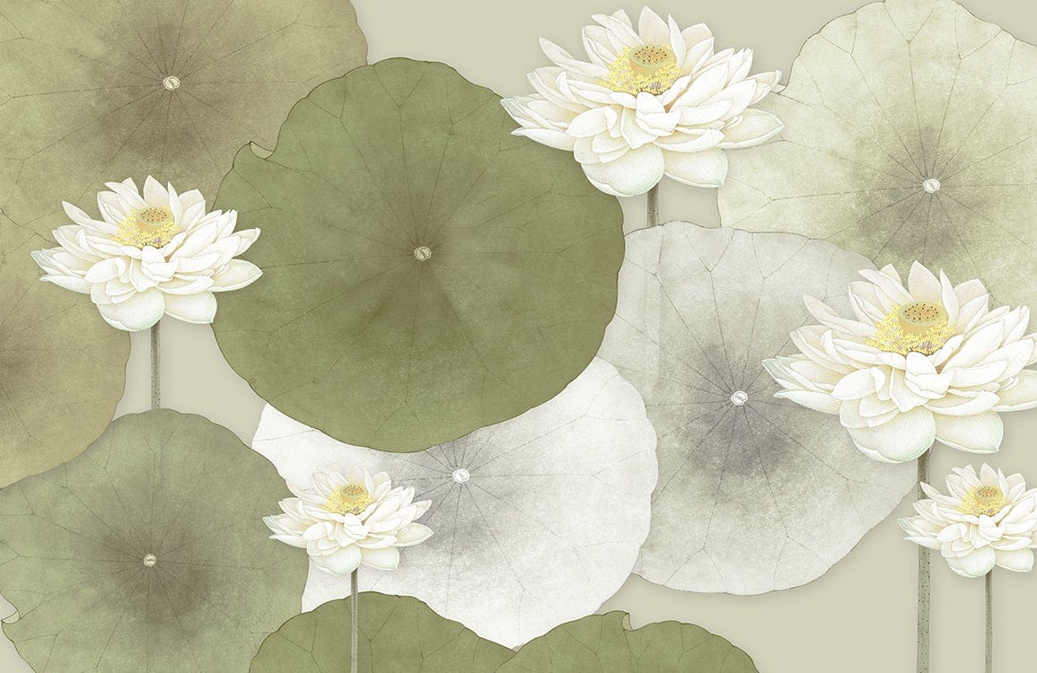 Serene White Lotus and Green Leaf Mural Wallpaper for Tranquil Spaces