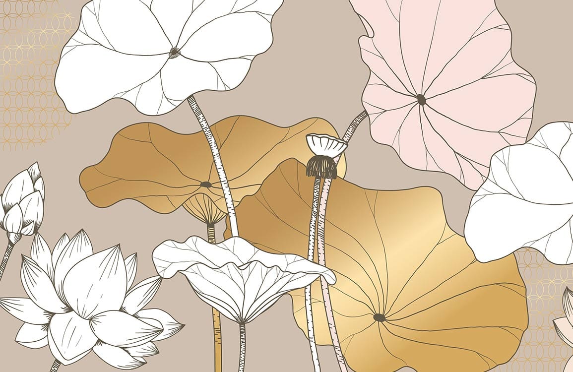 Elegant Gold and Beige Lotus Floral Pattern Mural Wallpaper Design