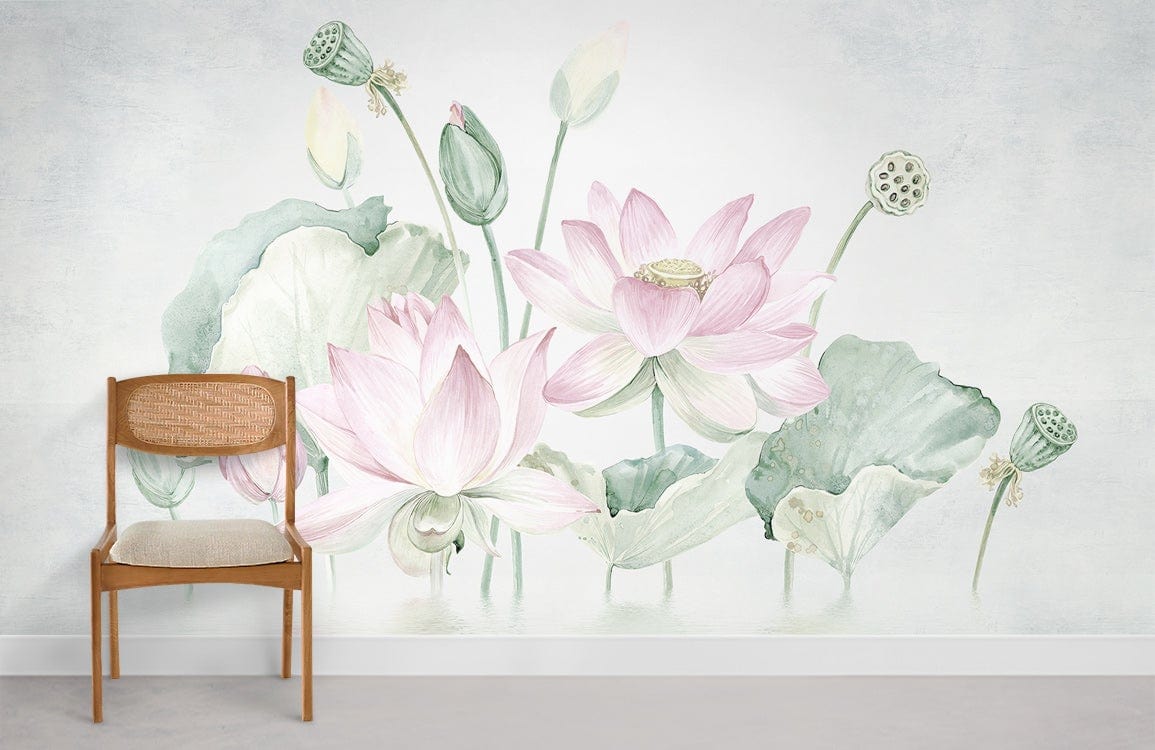 Elegant pastel lotus mural wallpaper with wooden chair, serene floral design, light grey flooring.