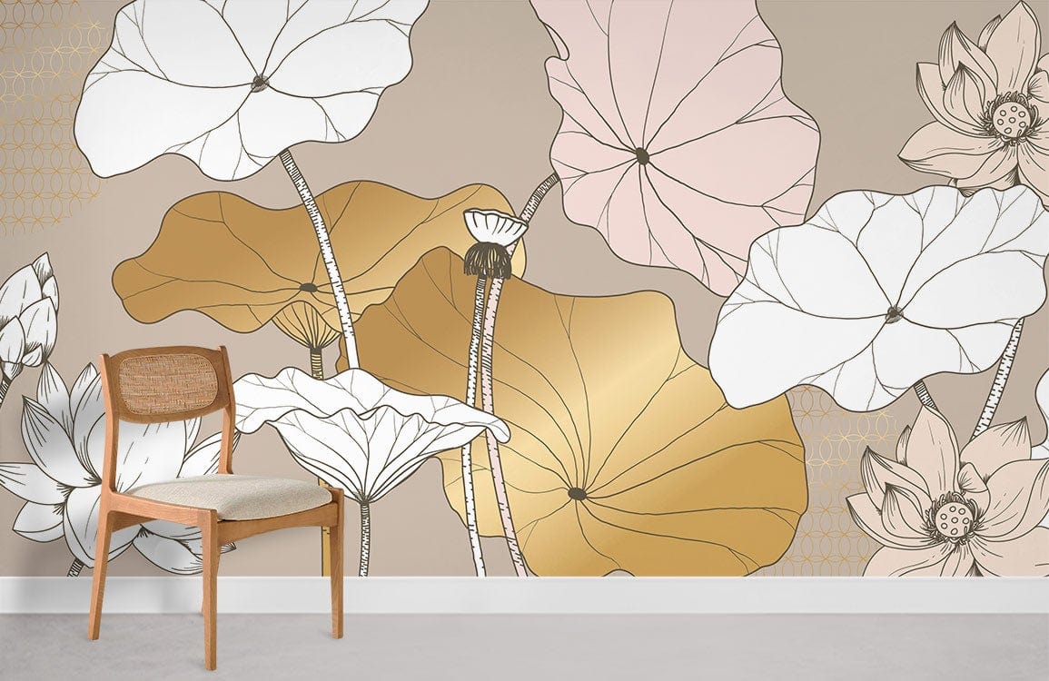 Elegant gold and beige lotus floral mural wallpaper in modern room with wooden chair, grey flooring.