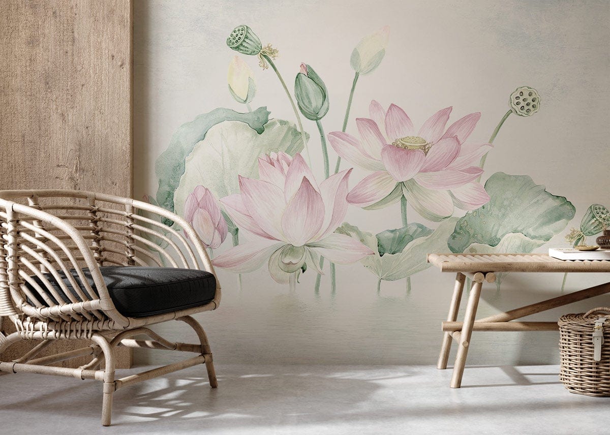 Elegant Lotus Mural Wallpaper in cosy living room with bamboo chair, minimalistic decor, and light flooring.