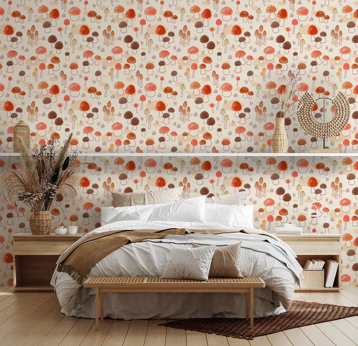 Autumnal Mushroom Delight Wallpaper in earthy tones, bedroom with wooden bed, earthy decor accents, light flooring.
